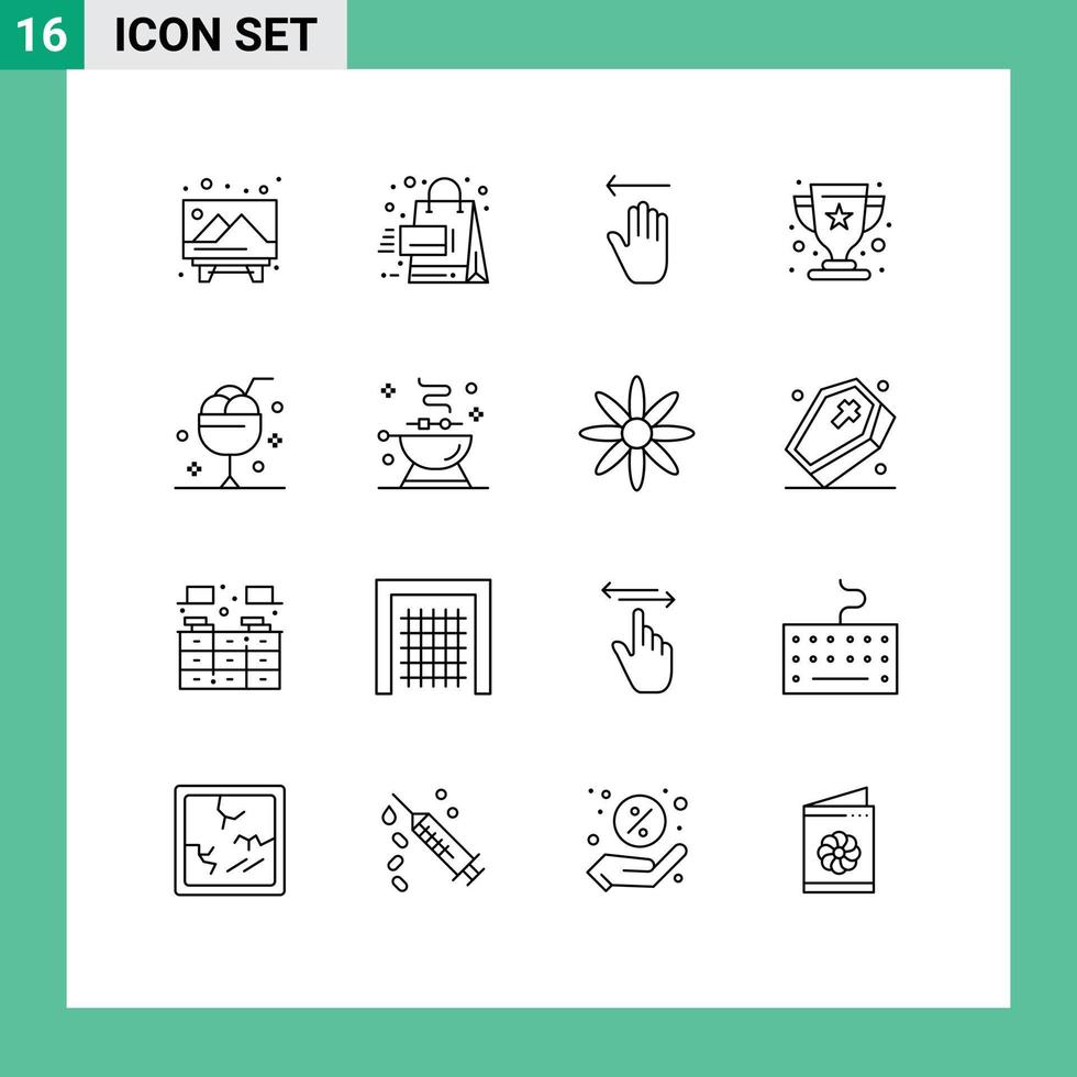 groupe de 16 contours des signes et des symboles pour les éléments de conception vectoriels modifiables de la coupe du vainqueur de la main du champion du dessert vecteur