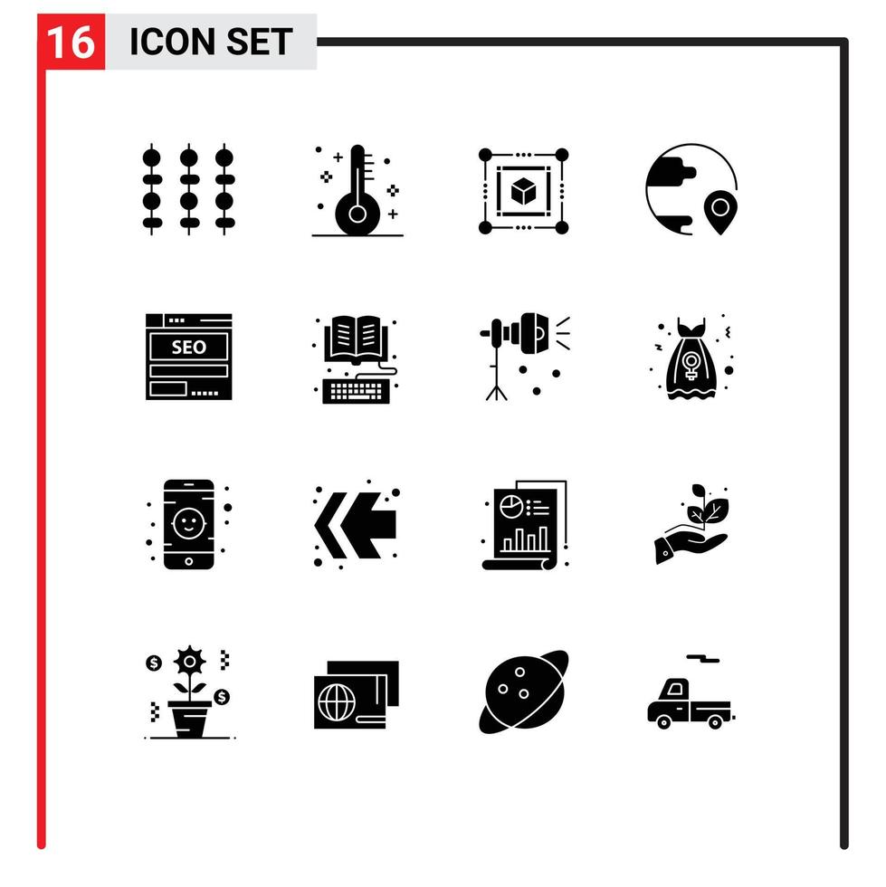 interface mobile glyphe solide ensemble de 16 pictogrammes d'éléments de conception vectoriels modifiables de destination de l'emplacement de la boîte d'expédition du serveur vecteur