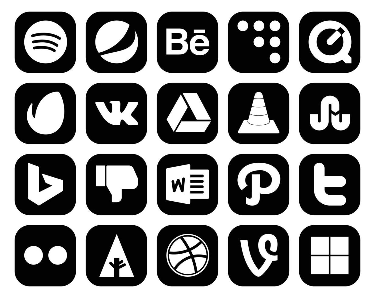 pack de 20 icônes de médias sociaux comprenant le chemin de tweet vlc word bing vecteur