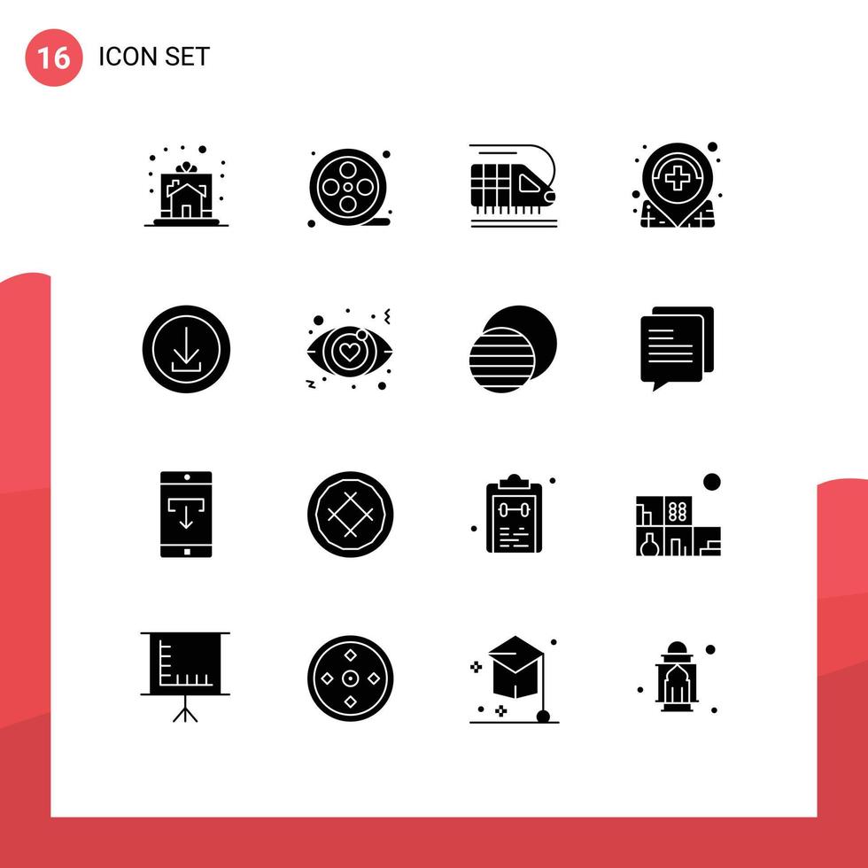 16 pack de glyphes solides d'interface utilisateur de signes et symboles modernes d'applications de téléchargement train éléments de conception vectoriels modifiables de l'hôpital médical vecteur