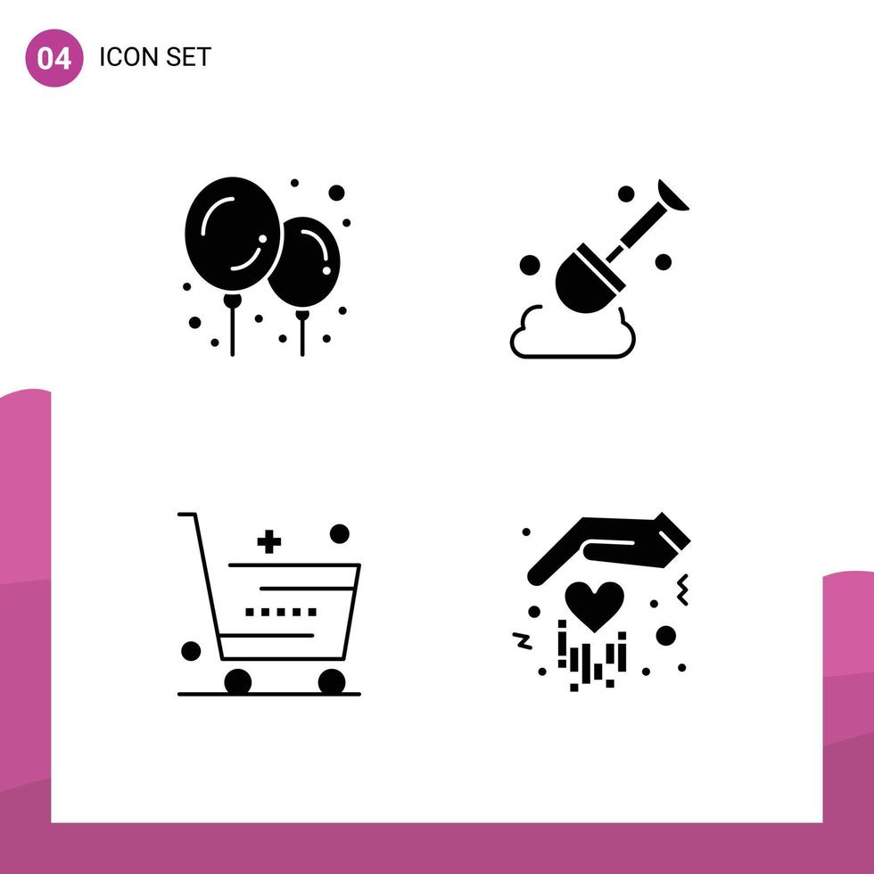interface mobile glyphe solide ensemble de 4 pictogrammes d'éléments de conception vectoriels modifiables à la main de pelle shopping ecommerce vecteur