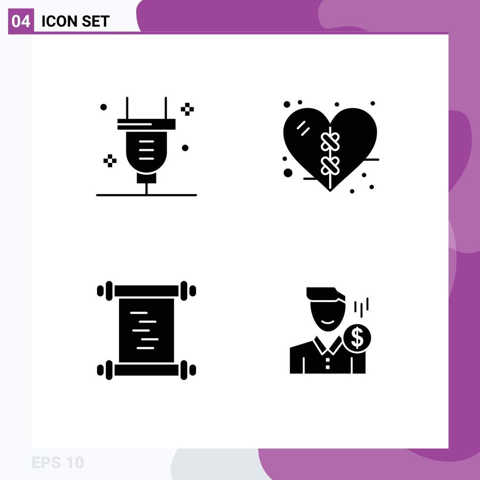 symboles d'icône universels groupe de 4 glyphes solides modernes d'éléments de conception vectoriels modifiables de coût de santé d'électricité de journal de prise vecteur