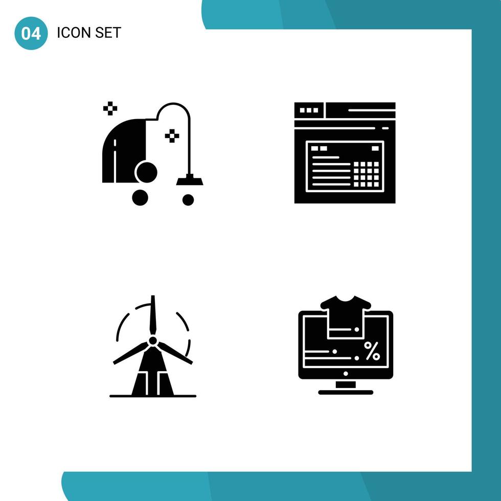 pack de 4 glyphes solides créatifs de nettoyage des éléments de conception vectoriels modifiables vert web propre aspirateur vecteur