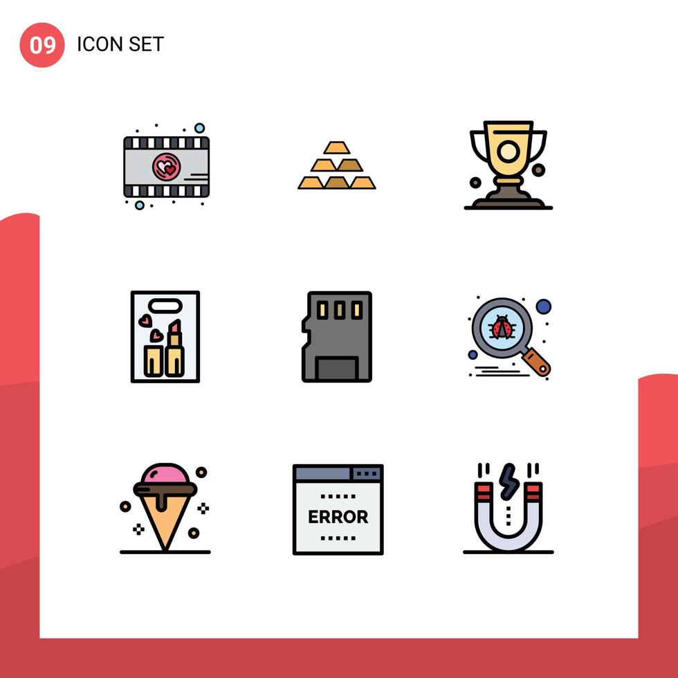 interface mobile fillline plat couleur ensemble de 9 pictogrammes de maquillage beauté réserve rouge à lèvres prix éléments de conception vectoriels modifiables vecteur