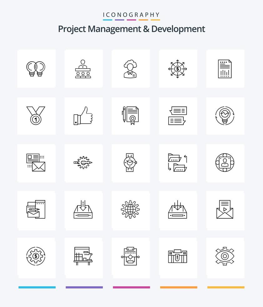 gestion de projet créatif et développement 25 pack d'icônes de contour tel que la liste. budget. externaliser. Ressource. directeur vecteur