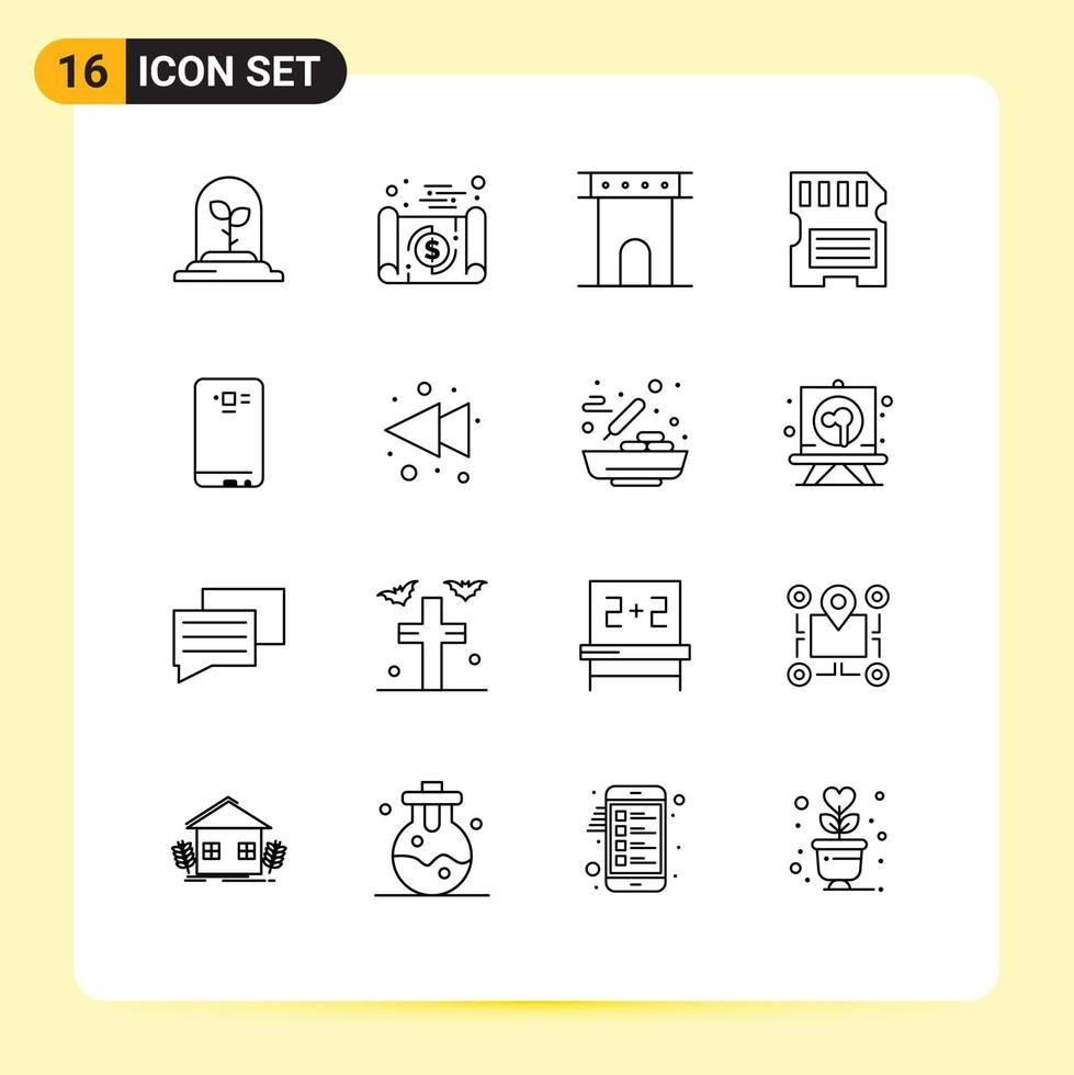 ensemble moderne de 16 contours et symboles tels que les éléments de conception vectoriels modifiables du monument matériel de l'arc de la mémoire du téléphone vecteur