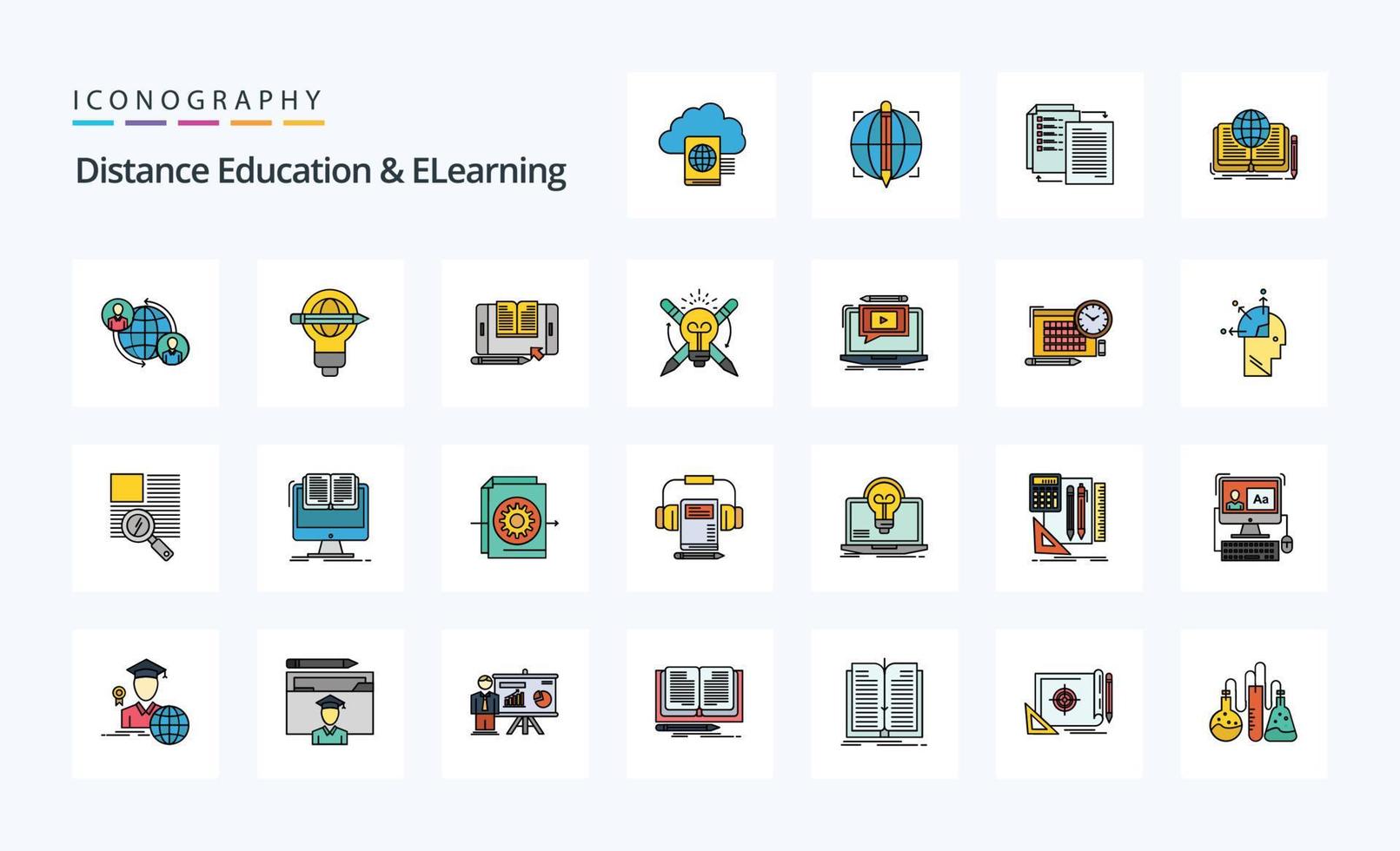 pack d'icônes de style rempli de 25 lignes d'enseignement à distance et d'apprentissage en ligne vecteur