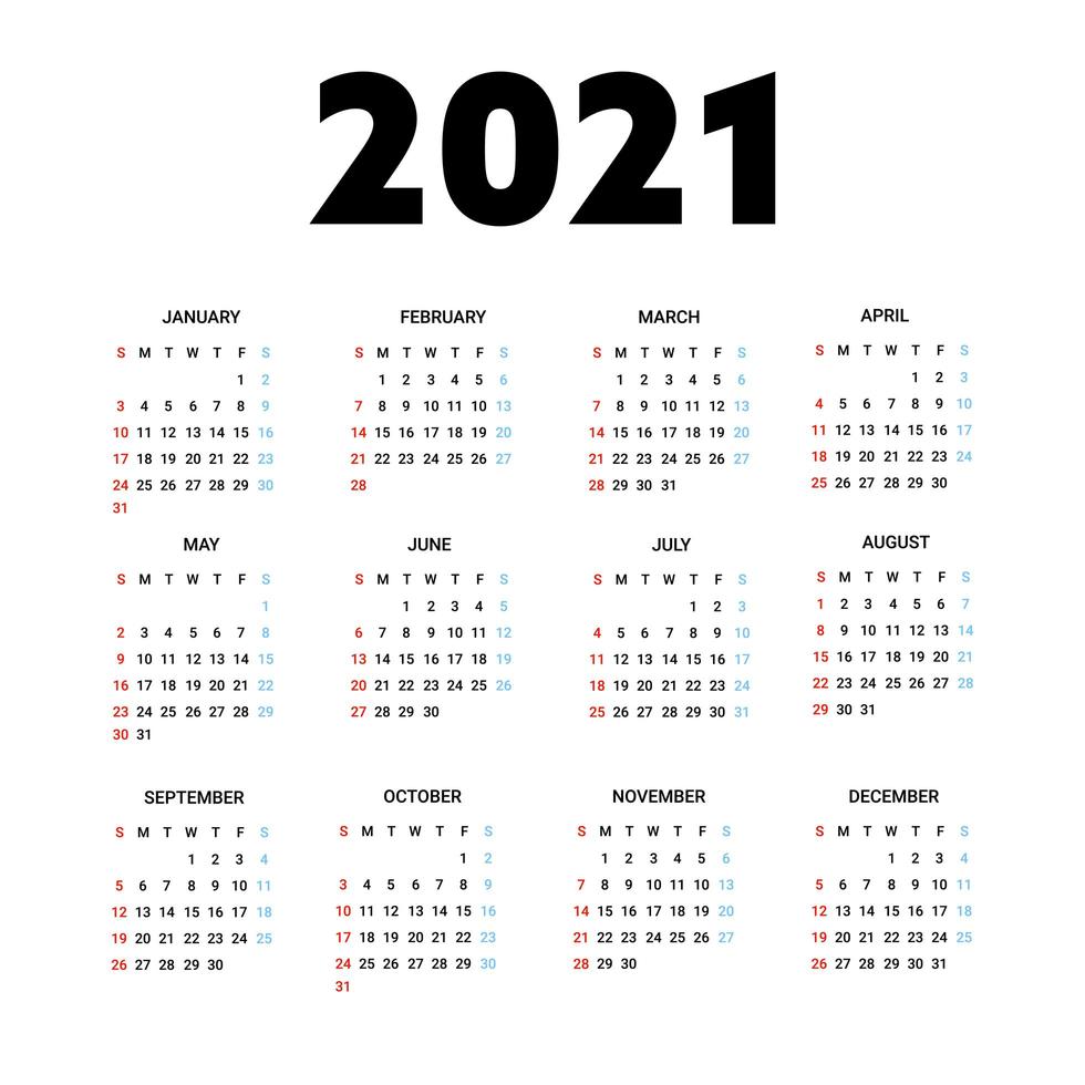 calendrier 2021 isolé sur fond blanc. la semaine commence à partir du dimanche. illustration vectorielle. vecteur