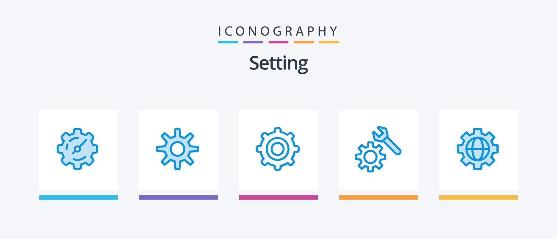 réglage du pack d'icônes bleu 5, y compris. rouages. globe. engrenage. conception d'icônes créatives vecteur