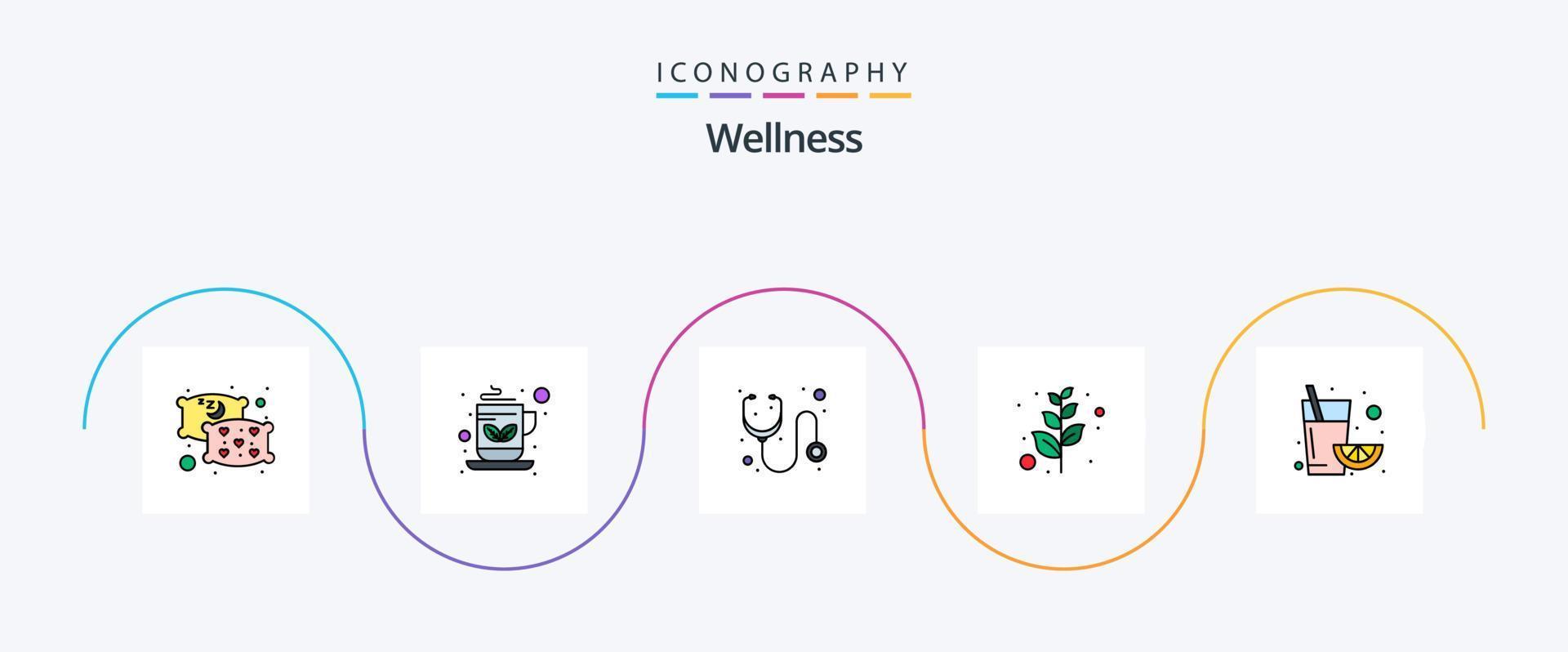 pack d'icônes plat 5 rempli de ligne de bien-être, y compris. jus. hôpital. fruit. olive vecteur