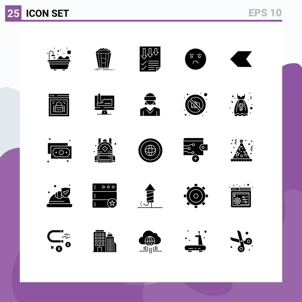 groupe de 25 signes et symboles de glyphes solides pour pointeur données tristes sentiment emoji éléments de conception vectoriels modifiables vecteur