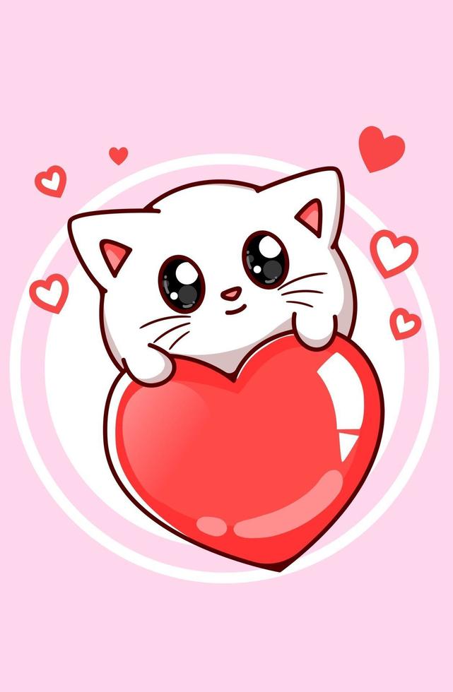 chat mignon sur l'illustration de dessin animé grand coeur vecteur