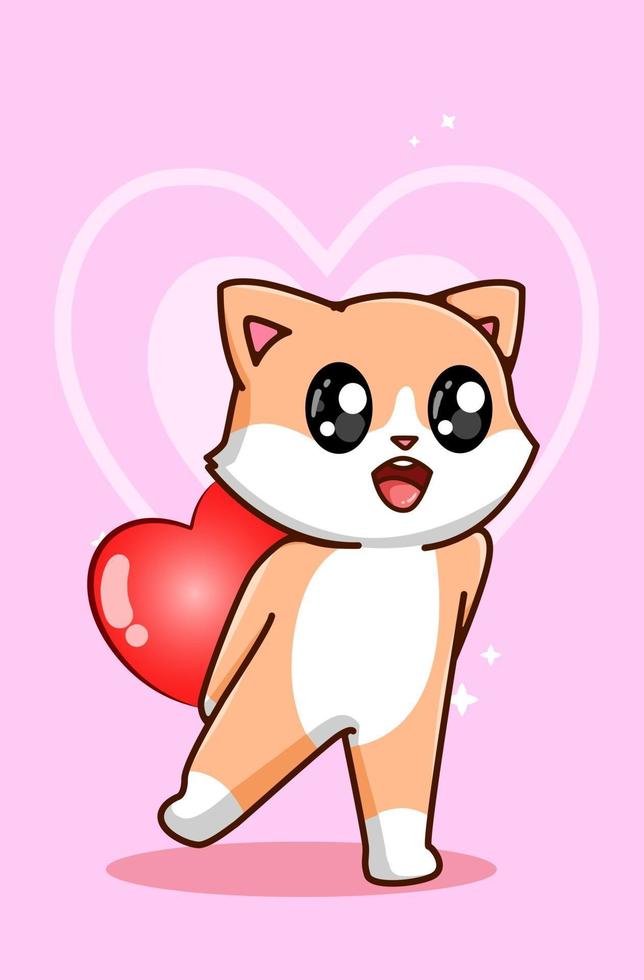 un chat mignon tenant un grand coeur sur l & # 39; illustration de dessin animé de la saint valentin vecteur