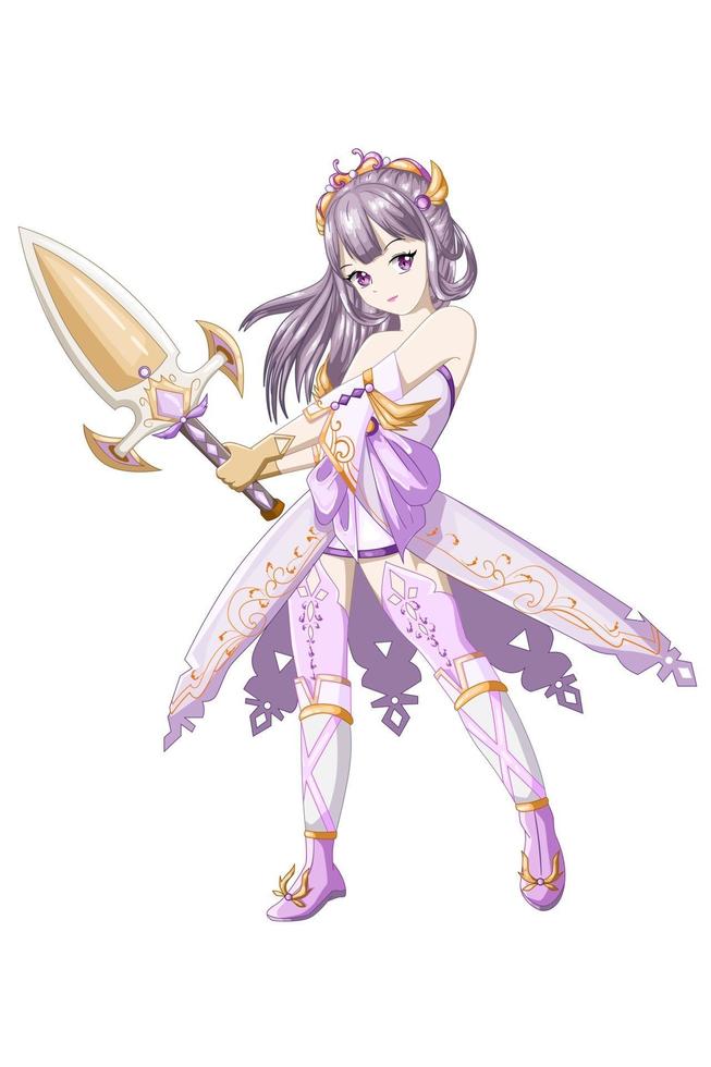 anime fille aux cheveux violets portant un costume violet jaune et tenant une épée vecteur