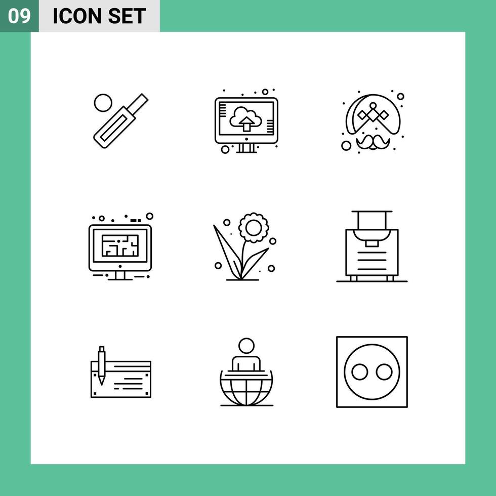 contour de l'interface mobile ensemble de 9 pictogrammes d'éléments de conception vectoriels modifiables de turban de moniteur de téléchargement bleu au sol vecteur