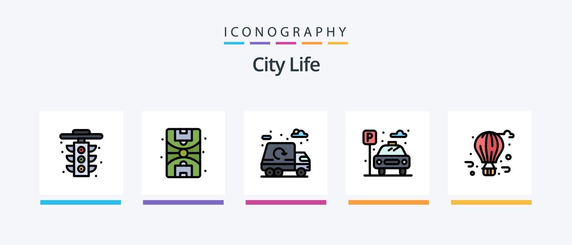 ligne de vie de la ville remplie de 5 packs d'icônes, y compris un camion. vie. vie. ville. vie. conception d'icônes créatives vecteur
