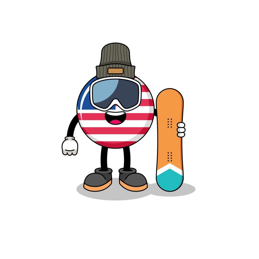 caricature de mascotte du joueur de snowboard du drapeau du libéria vecteur