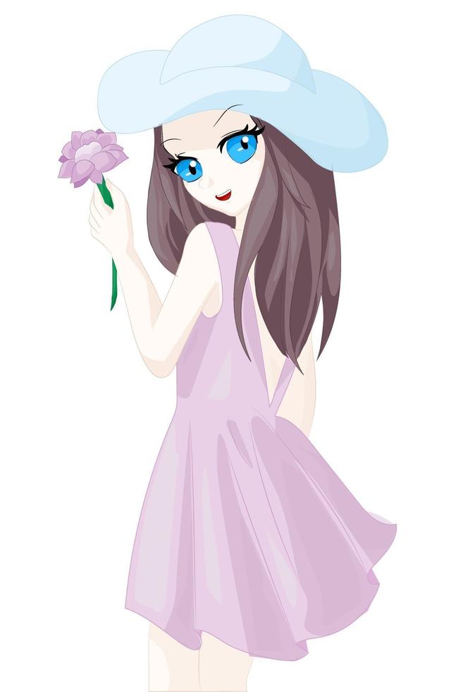 fille avec chapeau bleu, robe rose et tenant une fleur rose dans sa main gauche vecteur