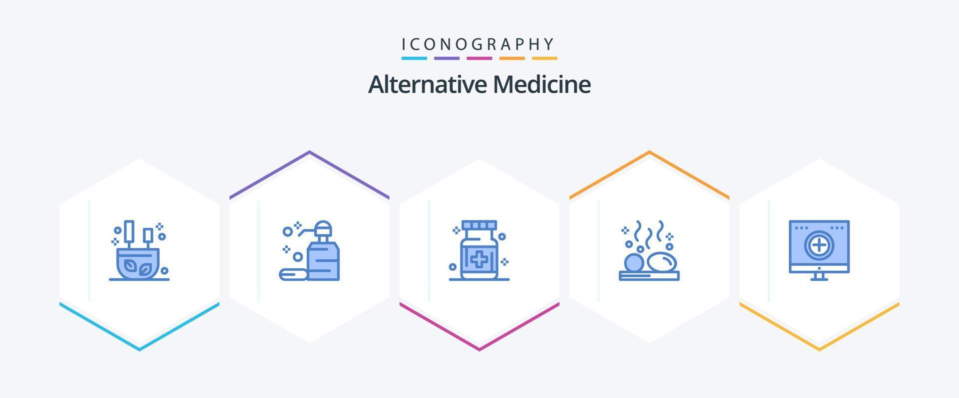médecine alternative 25 pack d'icônes bleues, y compris le bien-être. lithothérapie. se soucier. chaud. médecine vecteur