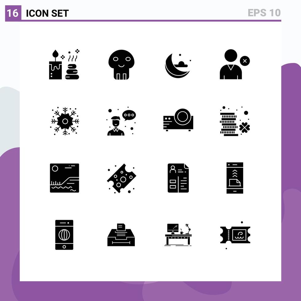 interface mobile glyphe solide ensemble de 16 pictogrammes d'éléments de conception vectoriels modifiables par l'utilisateur de flocon de neige de nuage d'hiver d'employé vecteur