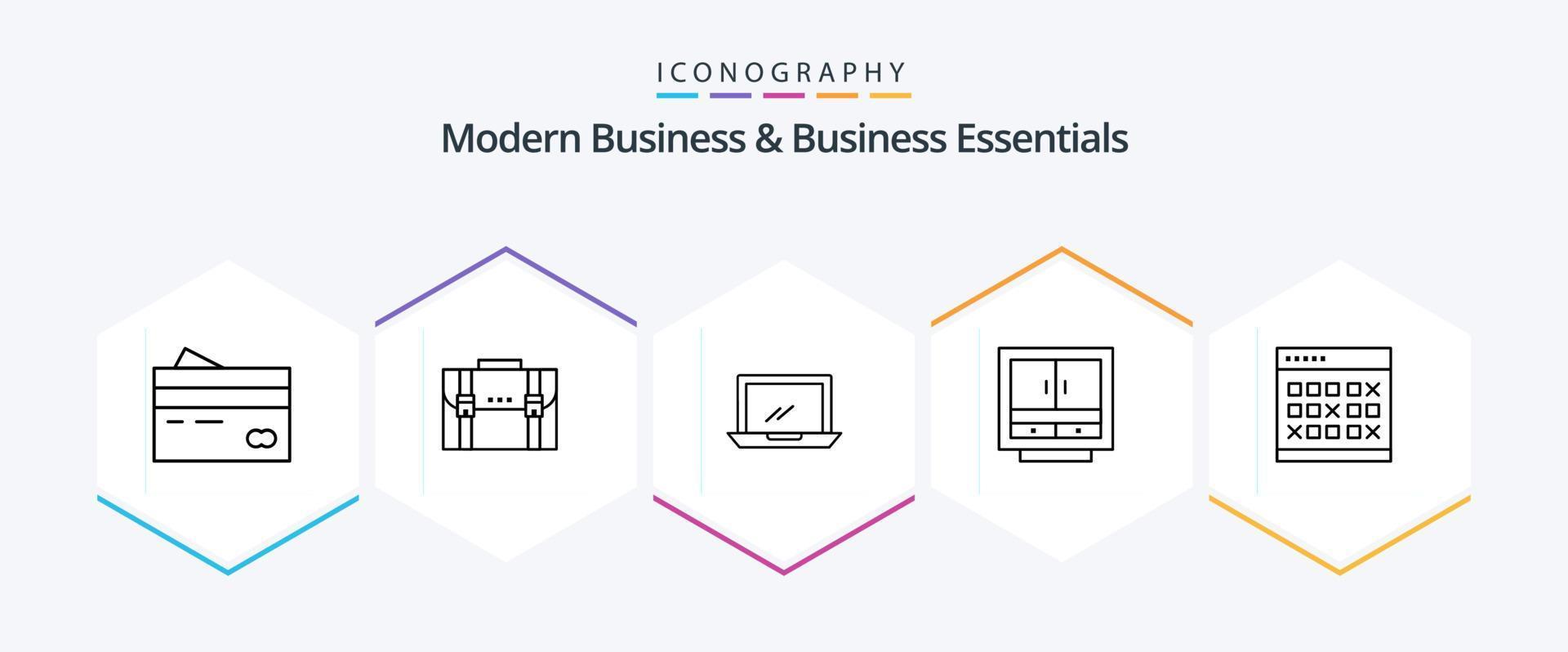 pack d'icônes de 25 lignes pour les entreprises modernes et les essentiels de l'entreprise, y compris l'appareil. ordinateur. mallette. valise. commercialisation vecteur