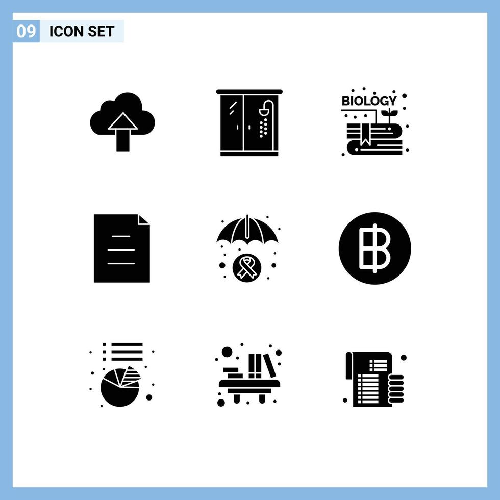 ensemble moderne de 9 pictogrammes de glyphes solides d'éléments de conception vectoriels modifiables de fichier de santé de contenu d'assurance de sensibilisation au cancer vecteur