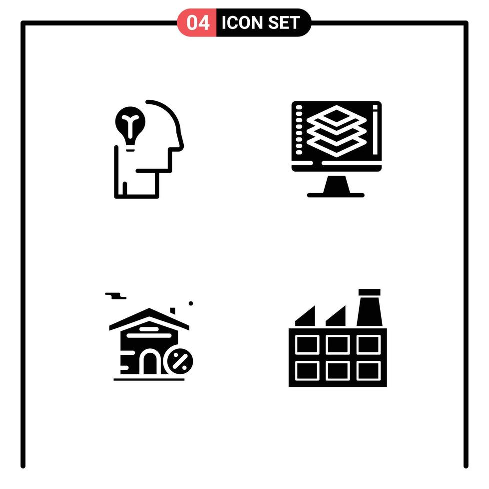 4 glyphes solides vectoriels thématiques et symboles modifiables d'idées construisant des éléments de conception vectoriels modifiables immobiliers de code humain vecteur