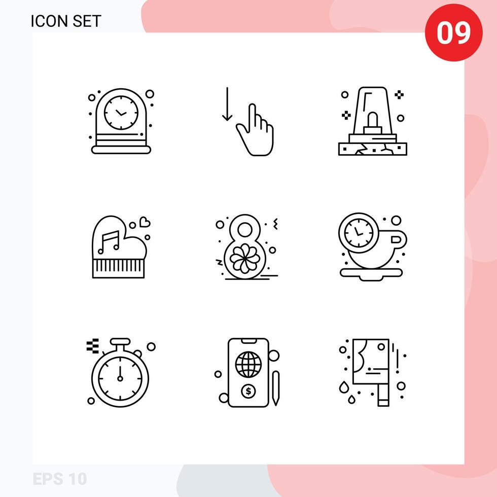 pack de 9 contours créatifs d'éléments de conception vectoriels modifiables de sirène d'amour de main de mariage de piano vecteur