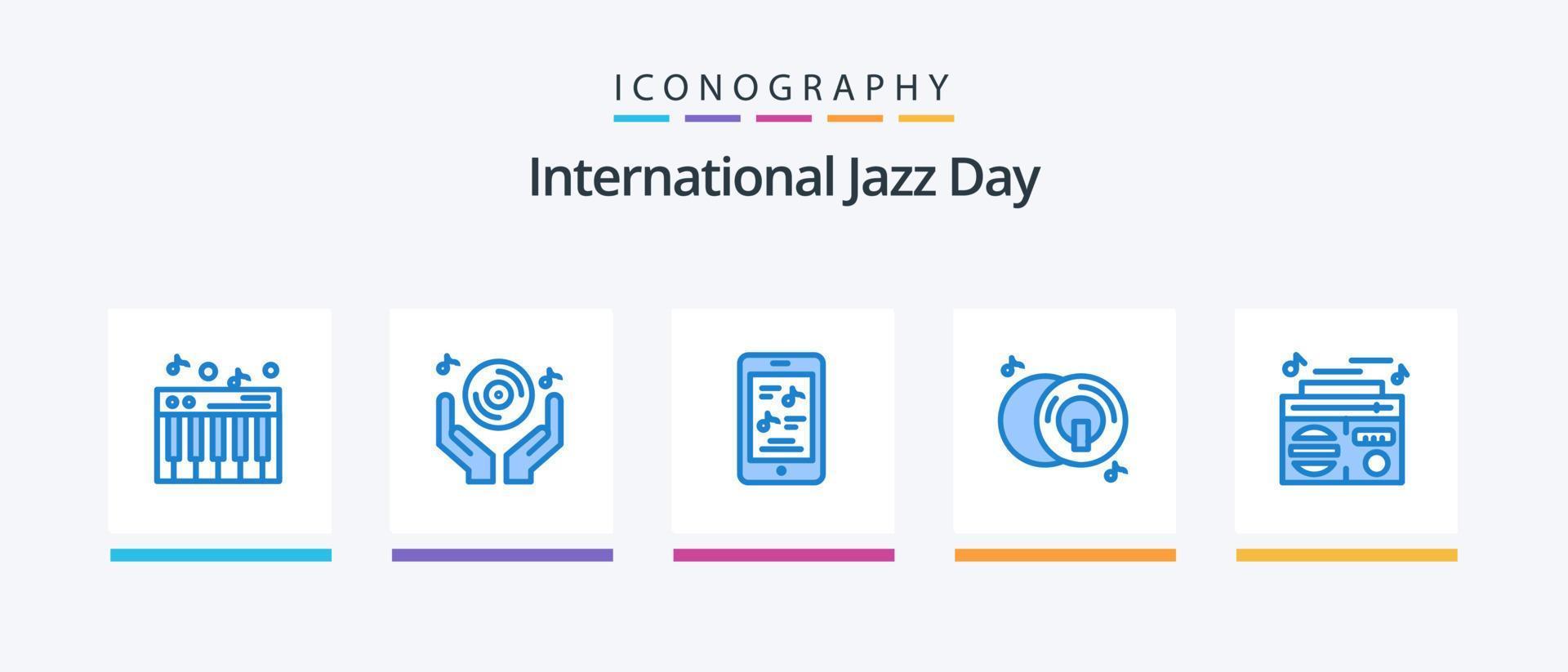 pack d'icônes bleues de la journée internationale du jazz 5, y compris la musique. multimédia. film. disque. CD. conception d'icônes créatives vecteur