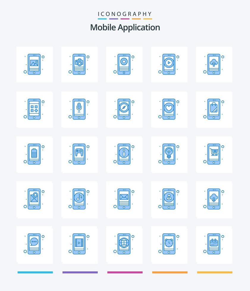 application mobile créative 25 pack d'icônes bleues telles que le téléchargement d'applications. . engrenage. streaming vidéo. application vidéo vecteur