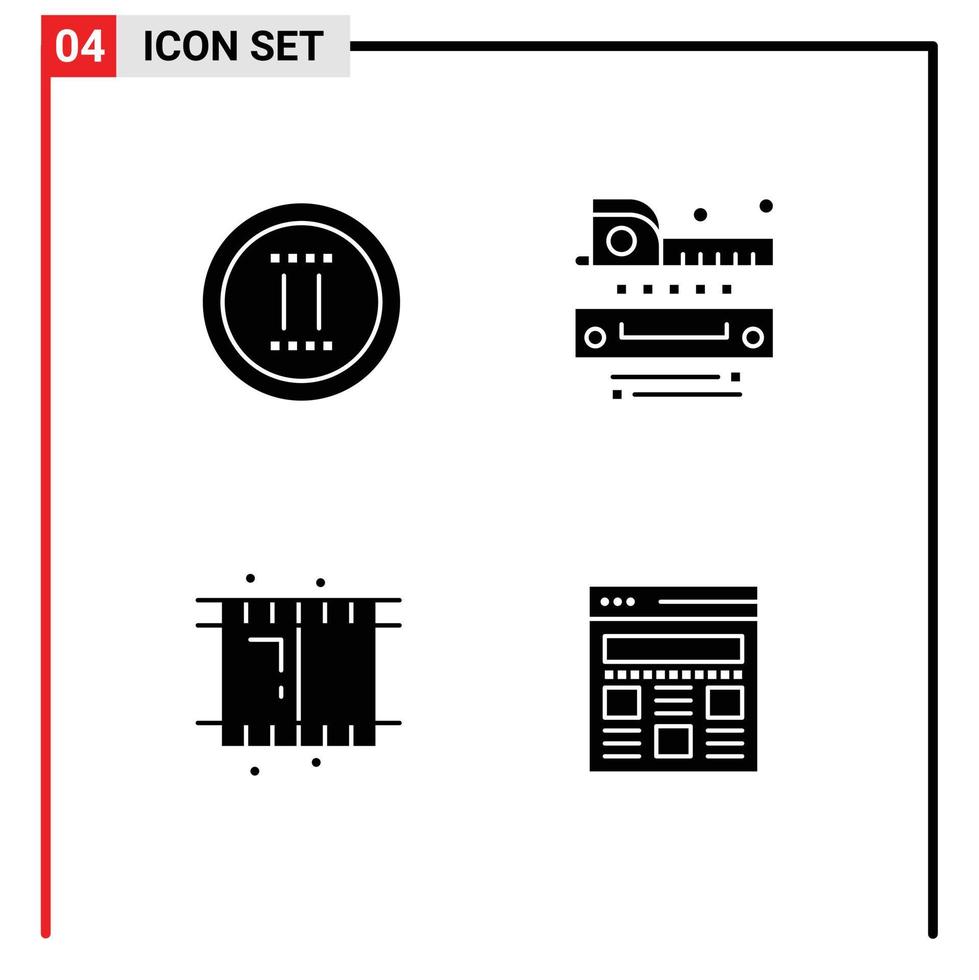 ensemble de 4 glyphes solides vectoriels sur la grille pour les éléments de conception vectoriels modifiables de l'interface de règle de pause de bobine de film vecteur