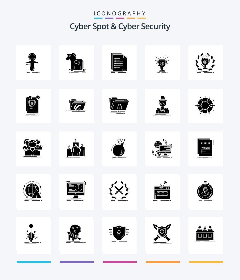 cyber spot créatif et pack d'icônes noires solides de 25 glyphes de cybersécurité tels que le prix. décerner. troyen. inscription. liste vecteur