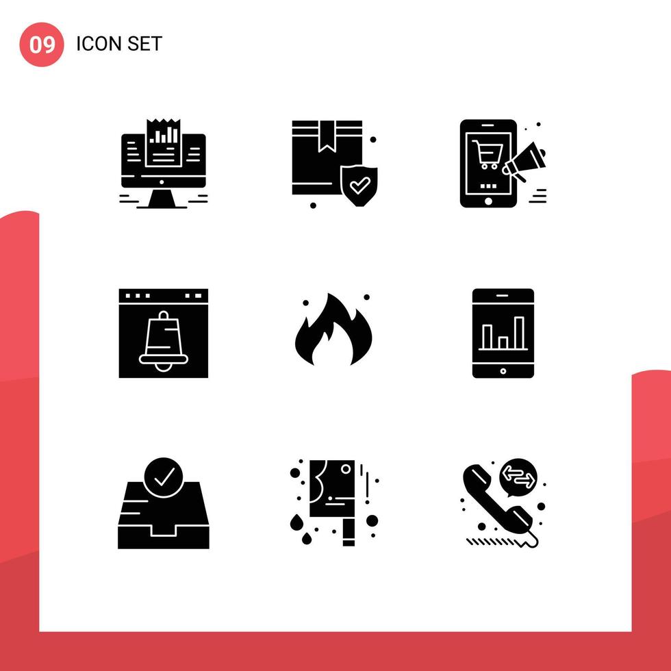 groupe de 9 signes et symboles de glyphes solides pour les éléments de conception vectoriels modifiables de remise d'alarme de boîte d'alerte d'interface vecteur