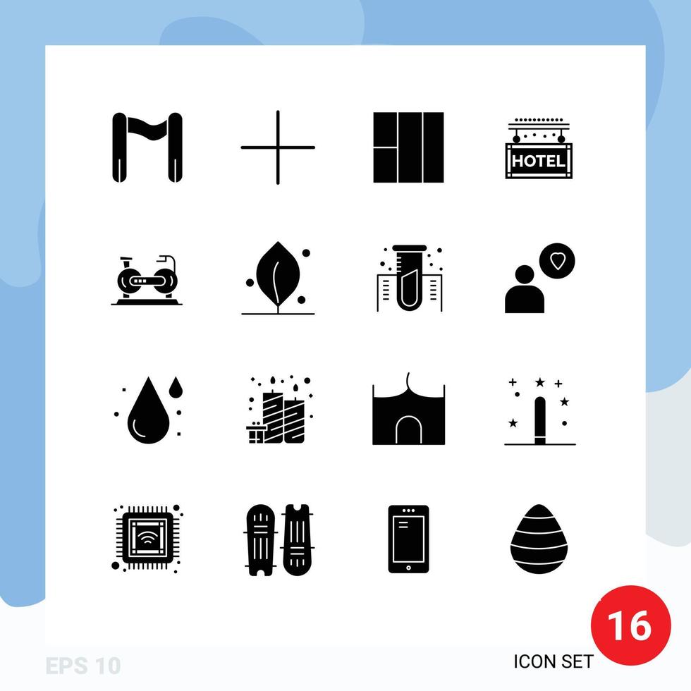 ensemble moderne de 16 pictogrammes de glyphes solides d'écologie vélo hôtel exercice vélo éléments de conception vectoriels modifiables vecteur