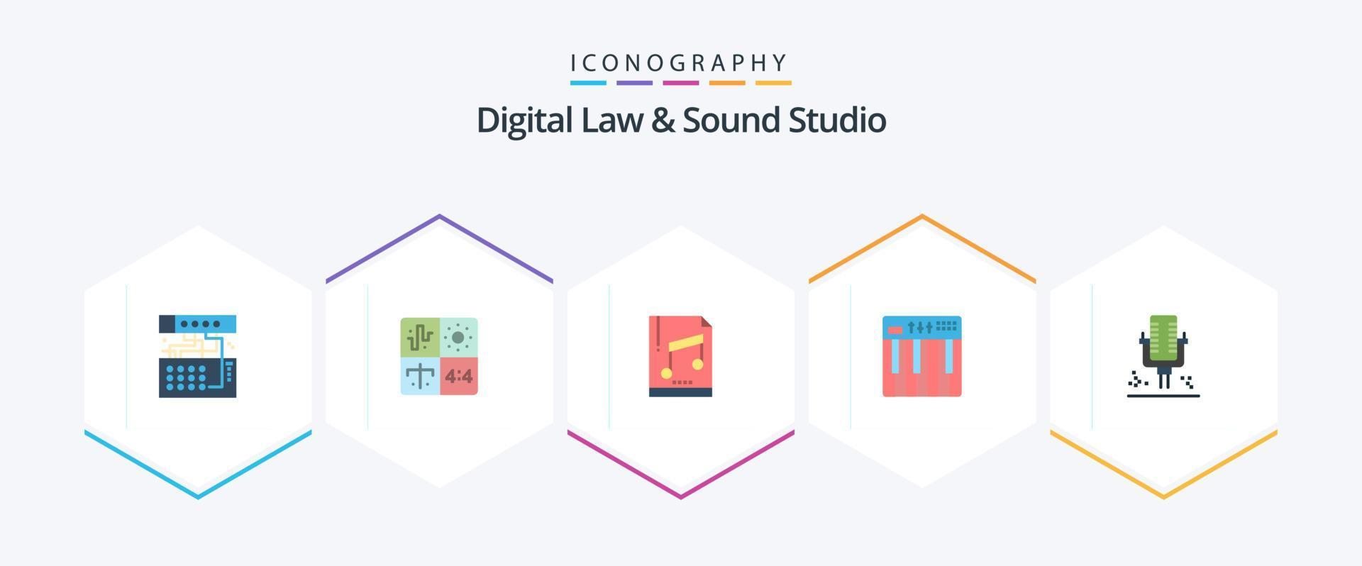 loi numérique et pack d'icônes plates sound studio 25, y compris midi. matériel. ingénierie. manette. déposer vecteur