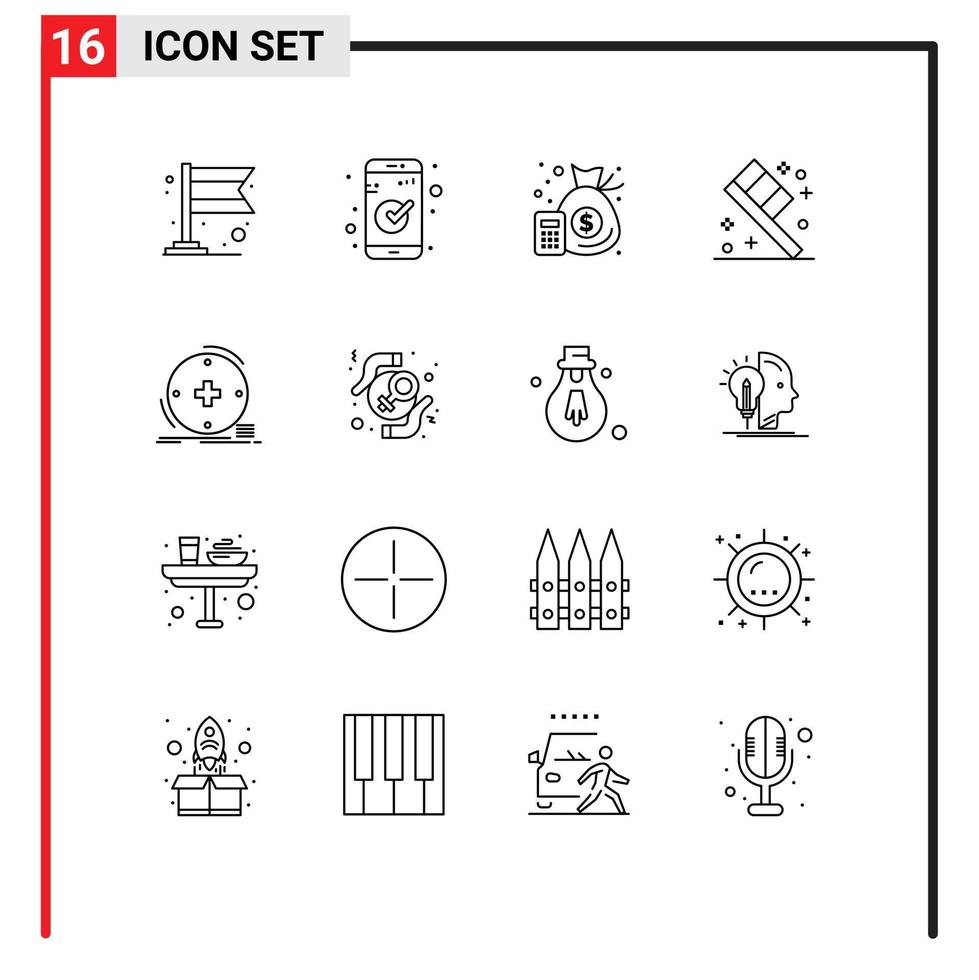 16 ensemble de contours d'interface utilisateur de signes et symboles modernes d'éléments de conception vectoriels modifiables de bain clinique de finance numérique de soins de santé vecteur
