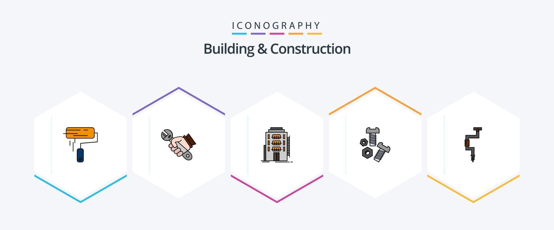 bâtiment et construction 25 pack d'icônes fillline comprenant des vis. verrouiller. outils. hôtel. dortoir vecteur