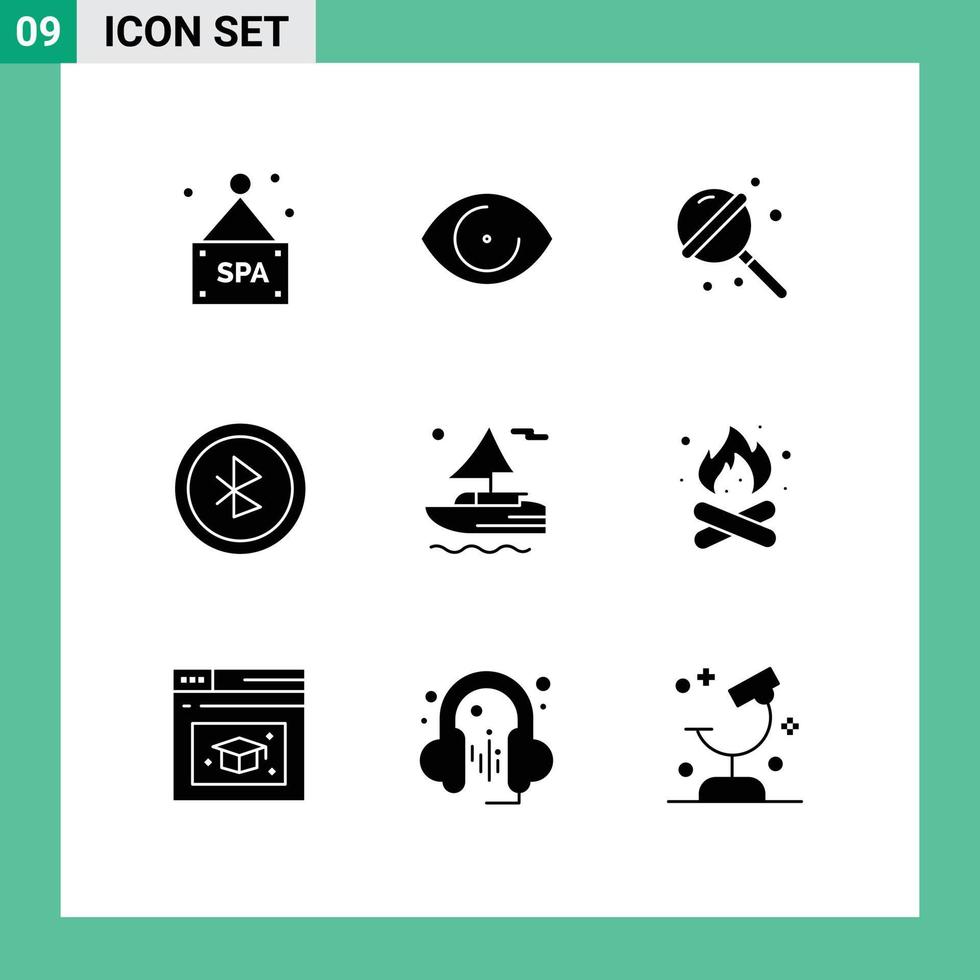 pack de 9 signes et symboles de glyphes solides modernes pour les supports d'impression web tels que le camp river lollipop boat ui éléments de conception vectoriels modifiables vecteur