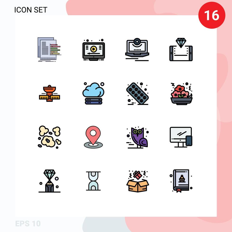 groupe de 16 signes et symboles de lignes remplies de couleurs plates pour faire du shopping en ligne youtube moniteur mobile éléments de conception vectoriels créatifs modifiables vecteur