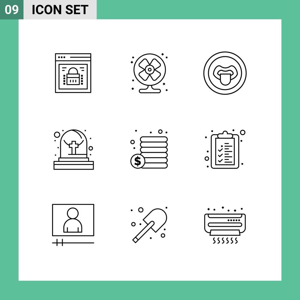 contour de l'interface mobile ensemble de 9 pictogrammes de pièces tombeau été grave science éléments de conception vectoriels modifiables vecteur