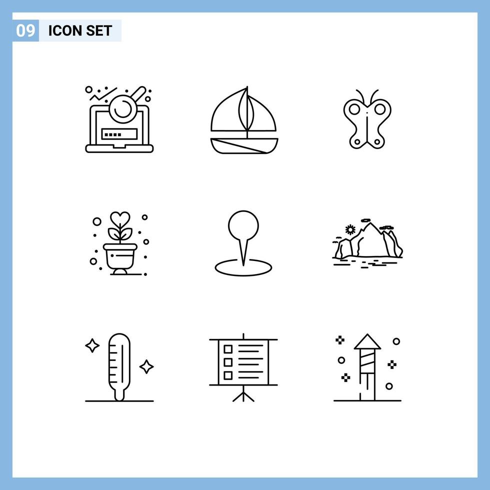 ensemble moderne de 9 contours pictogramme de l'emplacement du marqueur papillon romance amour éléments de conception vectoriels modifiables vecteur