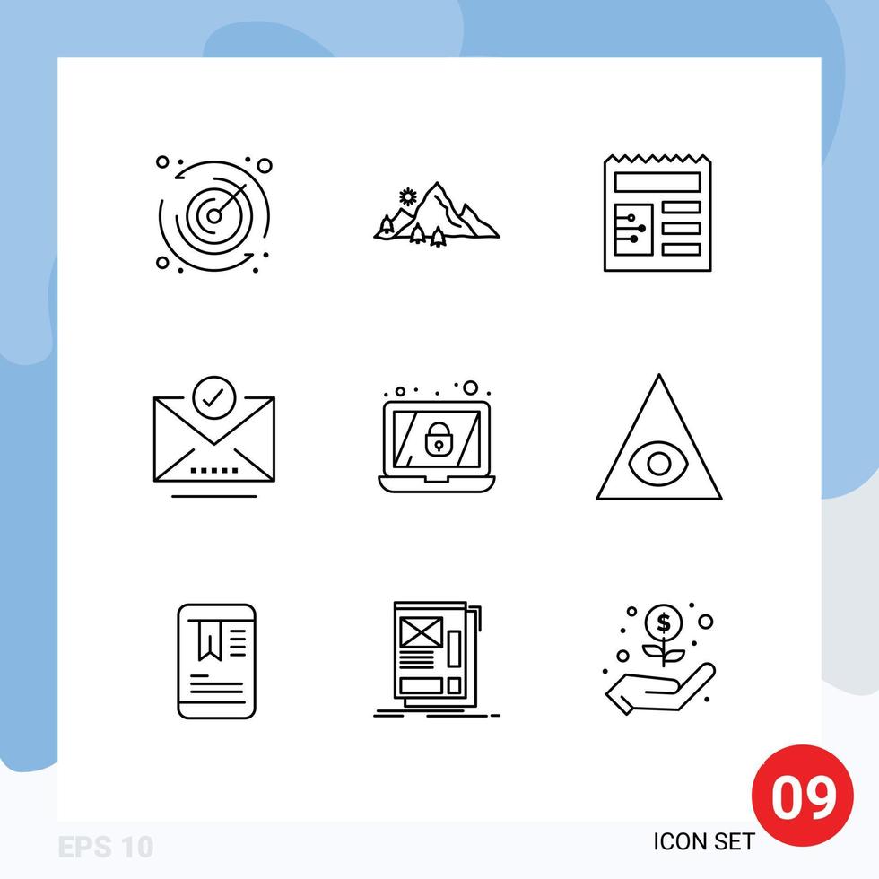 symboles d'icônes universels groupe de 9 contours modernes de document de cryptage de verrouillage sélectionner des éléments de conception vectoriels modifiables par e-mail vecteur