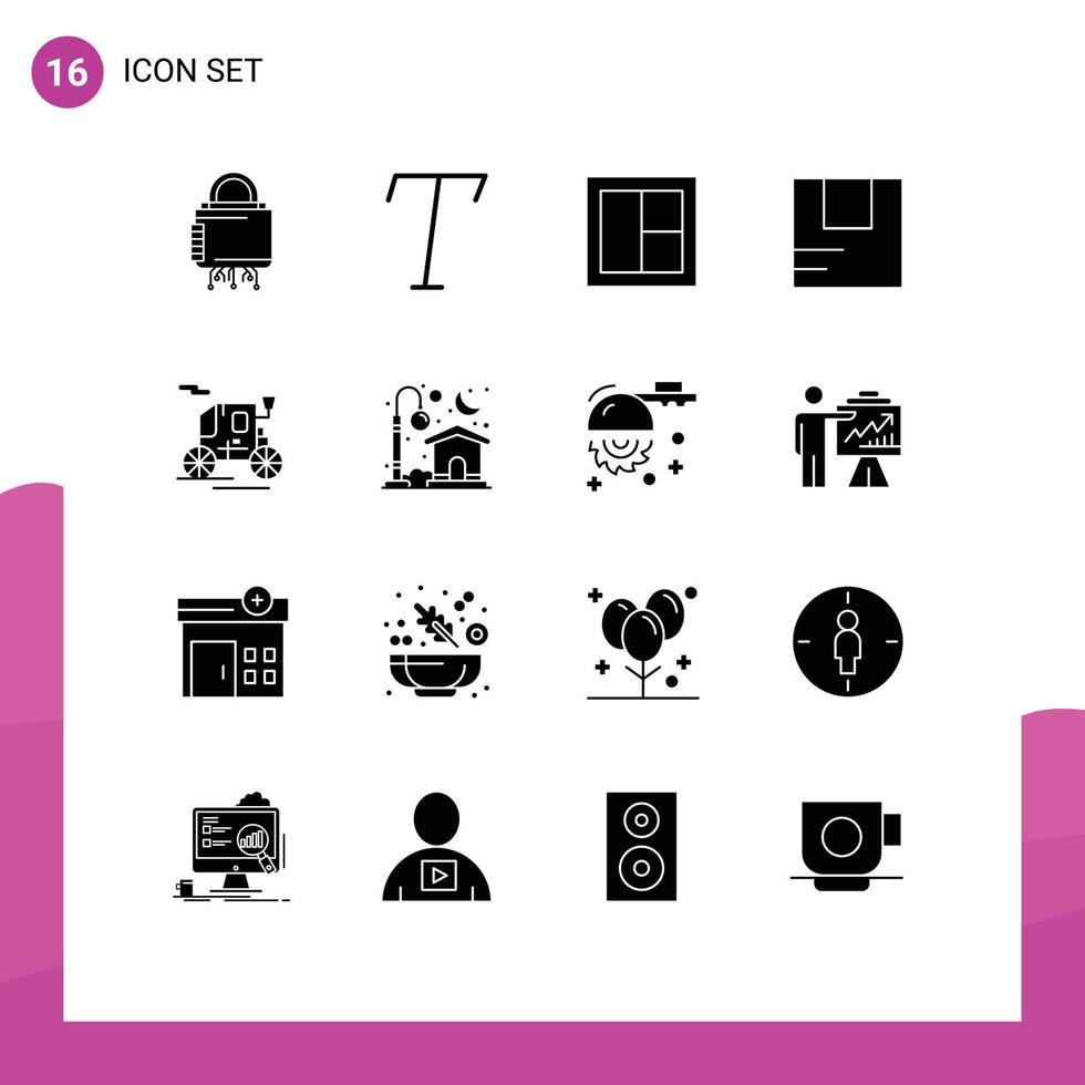 ensemble moderne de 16 pictogrammes de glyphes solides d'anciens éléments de conception vectoriels modifiables de boîte logistique de meubles de transport de transport vecteur