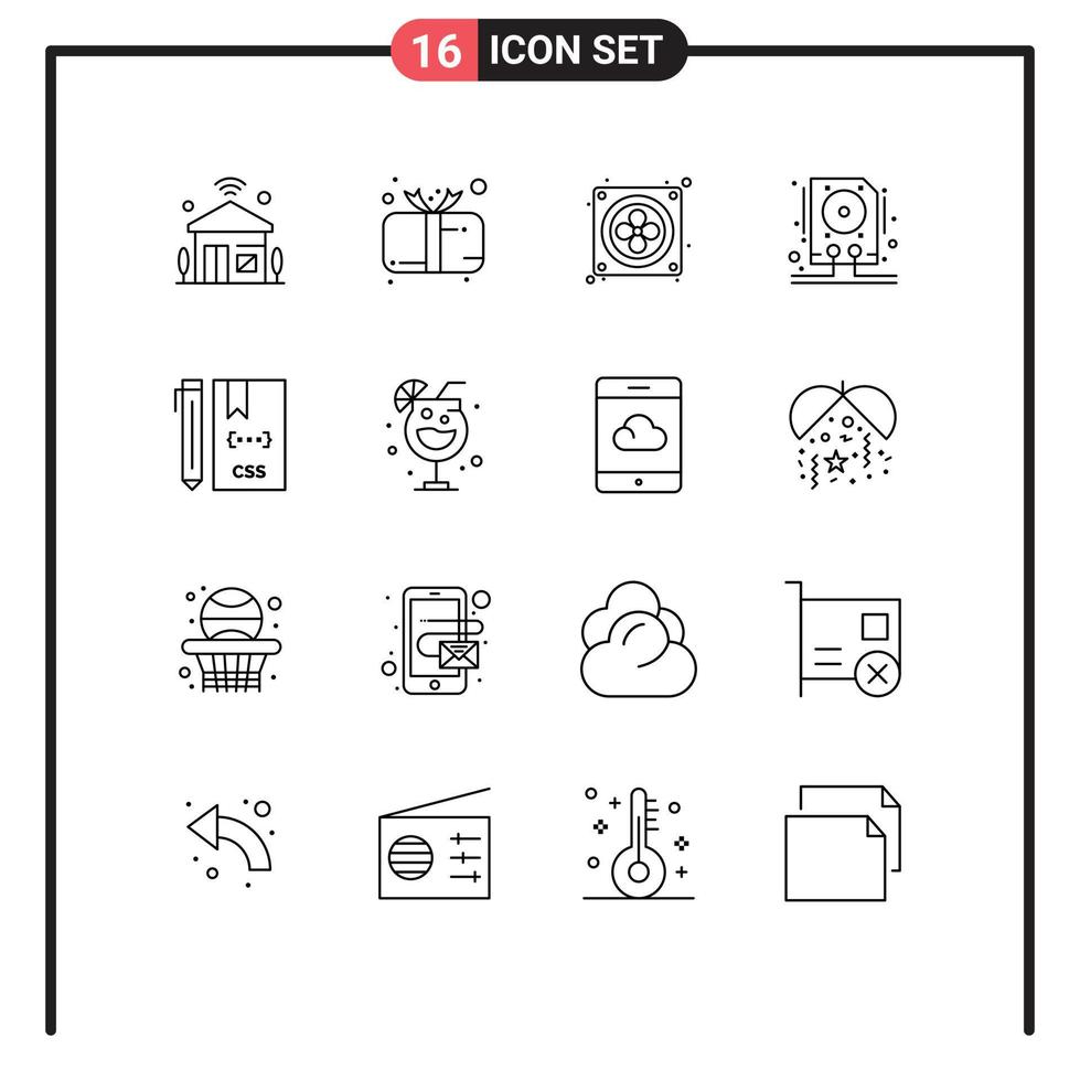 ensemble de 16 symboles d'icônes d'interface utilisateur modernes signes pour le code hdd matériel de lecteur mignon éléments de conception vectoriels modifiables vecteur