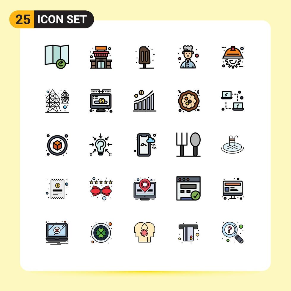 25 couleurs plates universelles de lignes remplies pour les applications web et mobiles génie électrique ingénieur d'été cuisinier éléments de conception vectoriels modifiables vecteur
