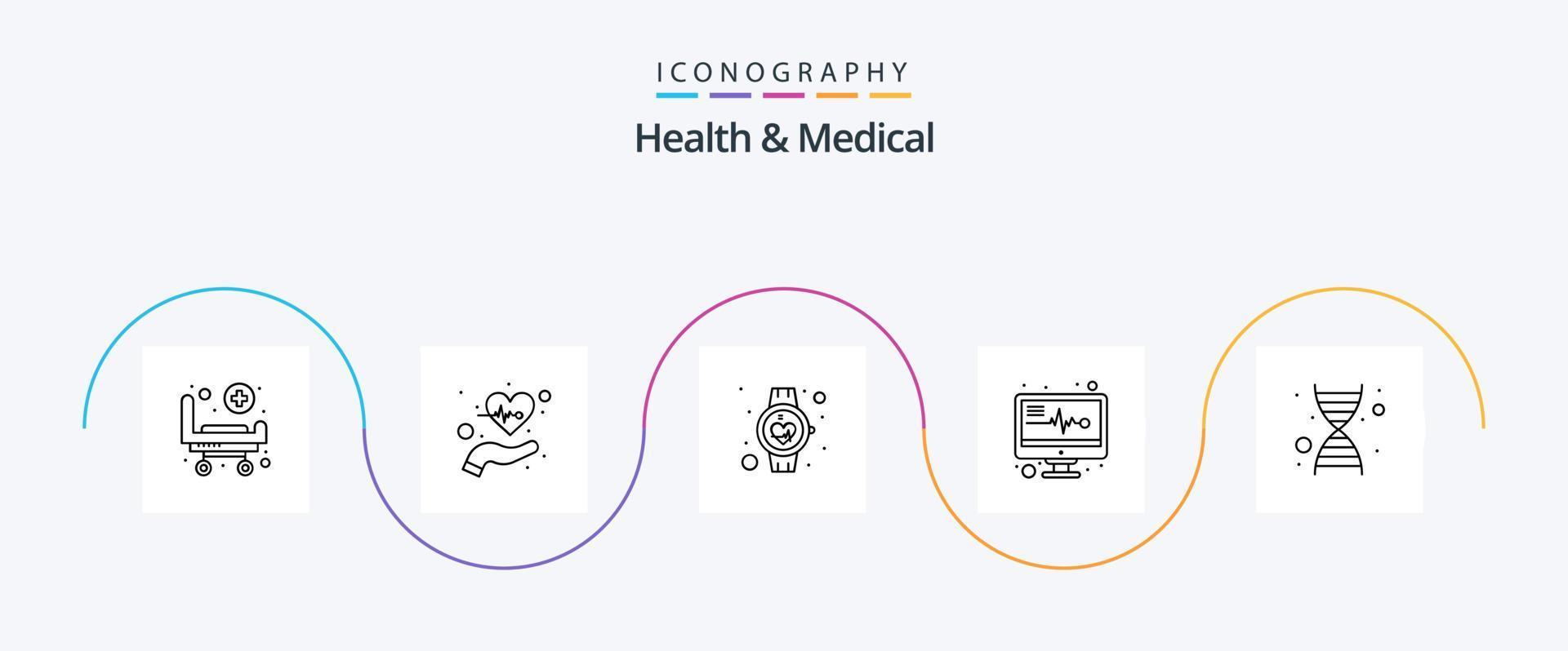 pack d'icônes de la ligne 5 de santé et de médecine, y compris l'adn. moniteur médical. impulsions. électronique médicale. impulsion vecteur