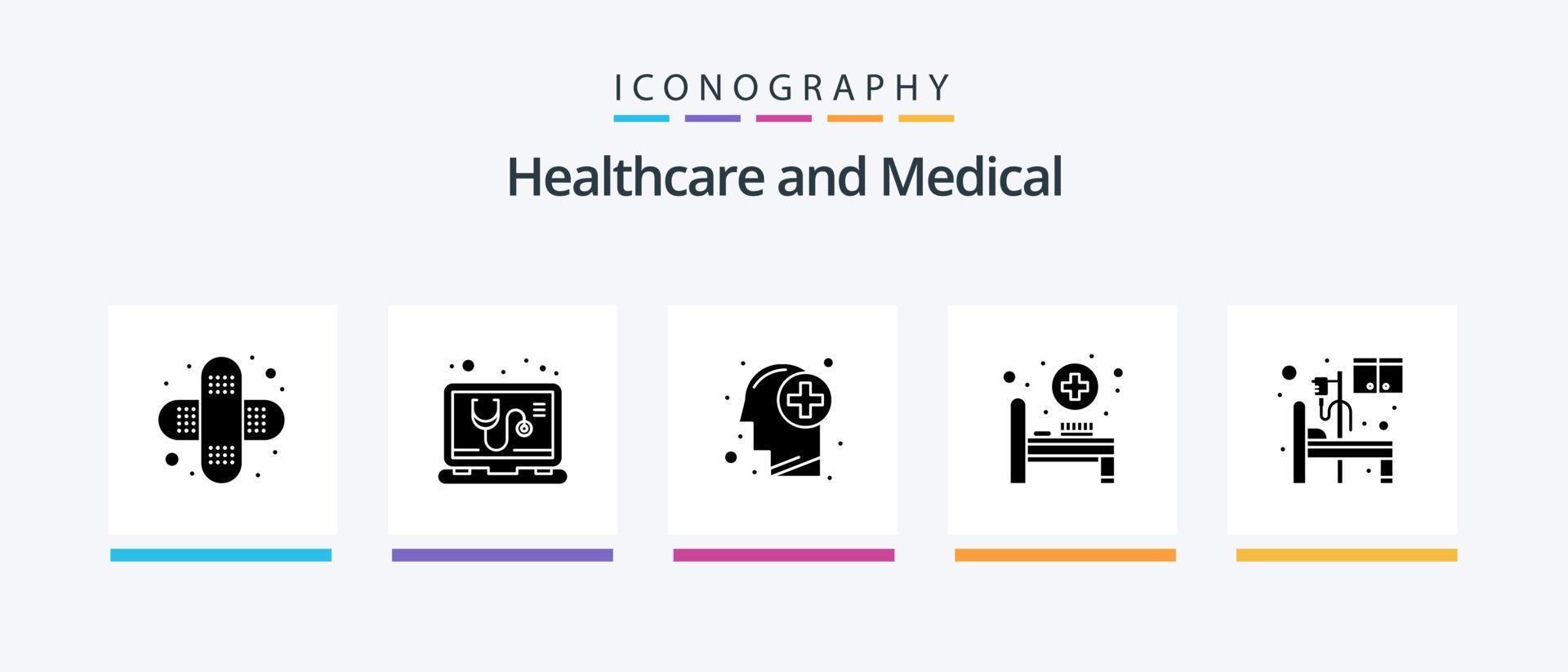 pack d'icônes de glyphe médical 5, y compris la chambre. hôpital. soins de santé. lit. lit d'hôpital. conception d'icônes créatives vecteur