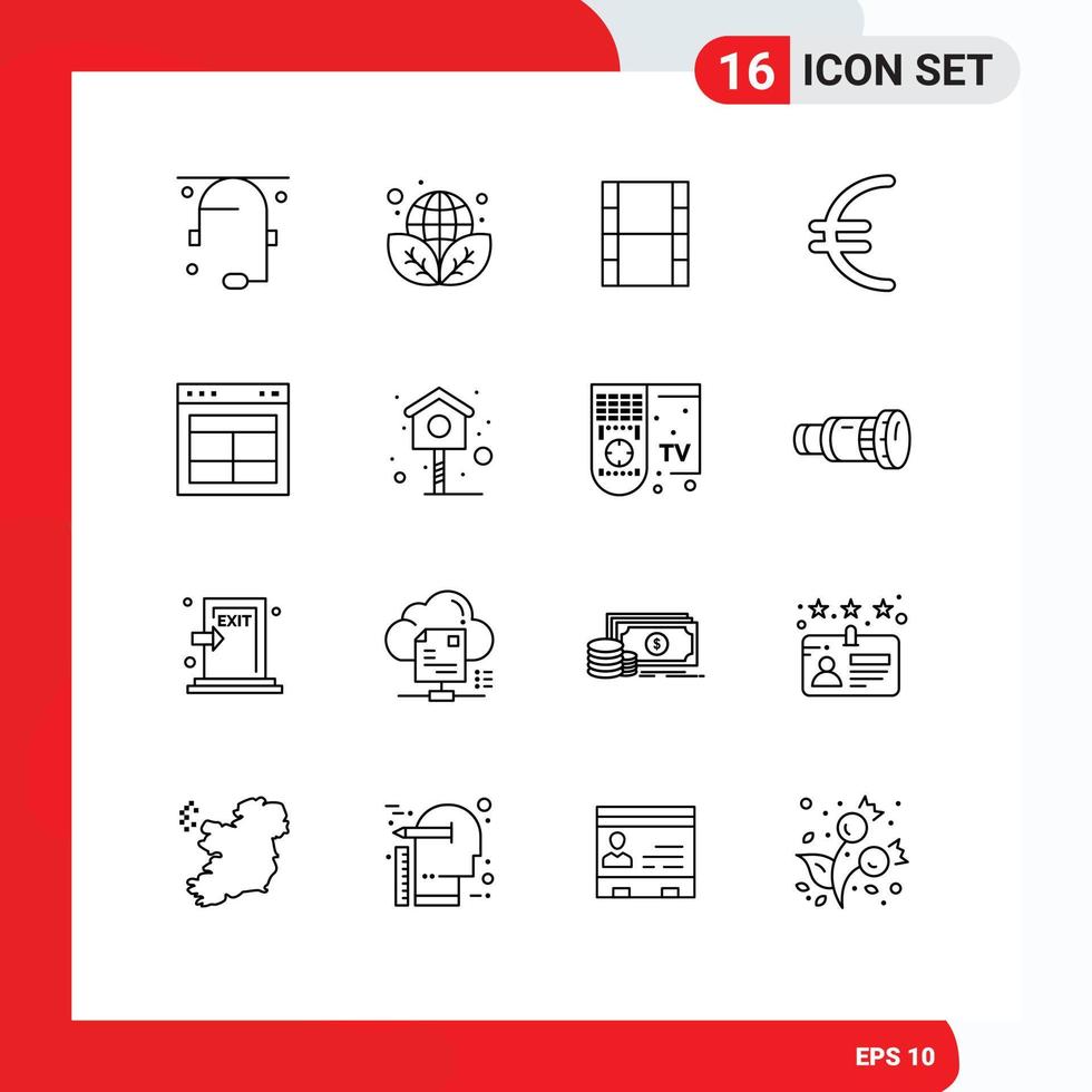 symboles d'icônes universels groupe de 16 contours modernes d'interface de texte division vidéo euro éléments de conception vectoriels modifiables vecteur