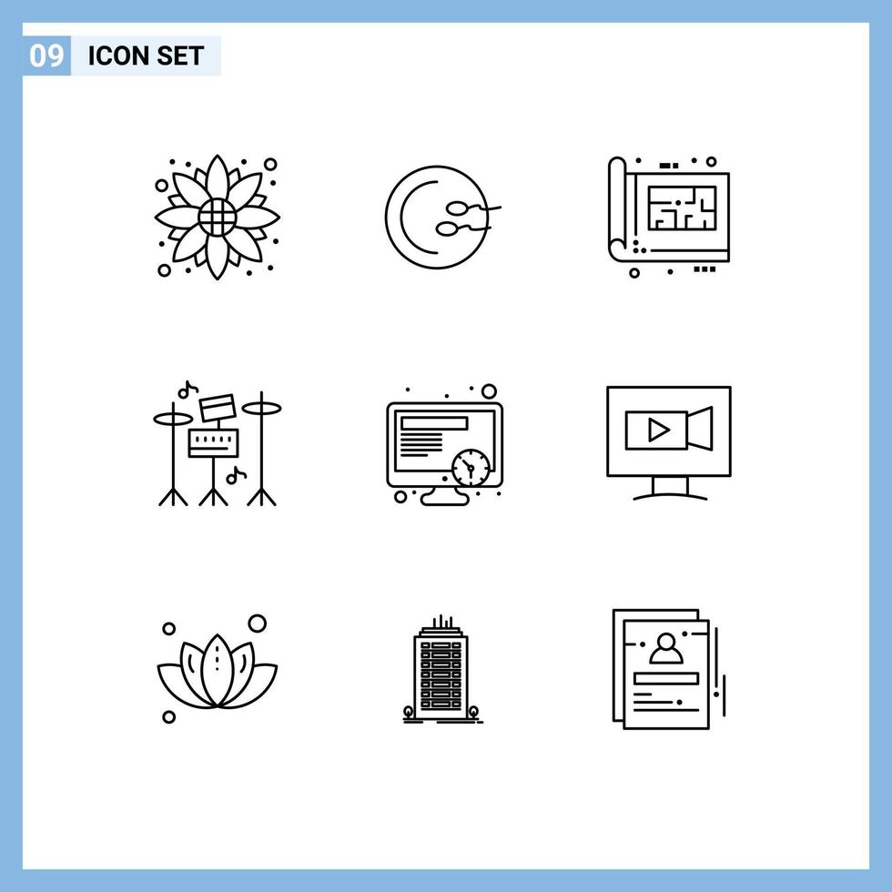 groupe de 9 contours signes et symboles pour le temps musique équipement bleu imprimer des éléments de conception vectoriels modifiables vecteur