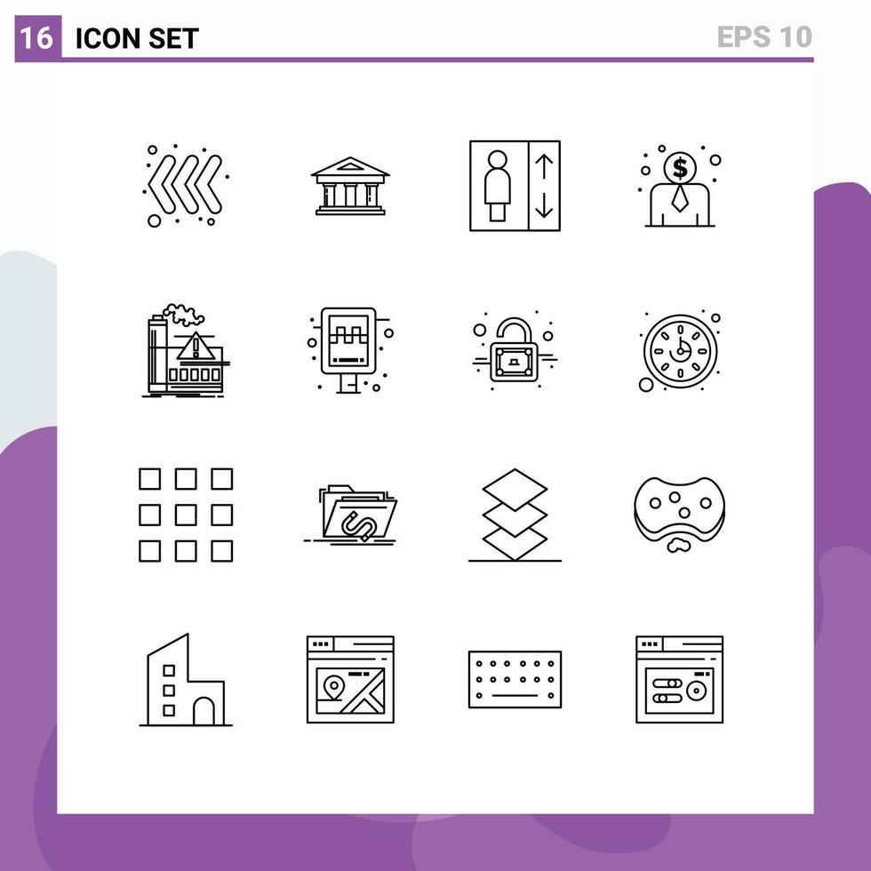 ensemble de 16 symboles universels de l'industrie ascenseur à air salaire des employés d'usine éléments de conception vectoriels modifiables vecteur